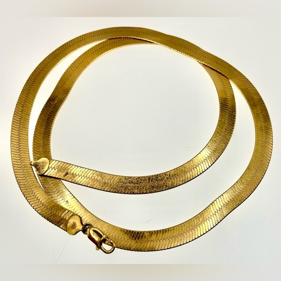 Gold Plated Long Wide Herringbone Signed 925 Italy 30” Necklace Sterling Estate - Picture 4 of 7